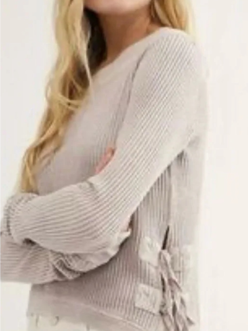 Free People One Waffle-Knit Crewneck Sweater with Side-Tie Details in Blush